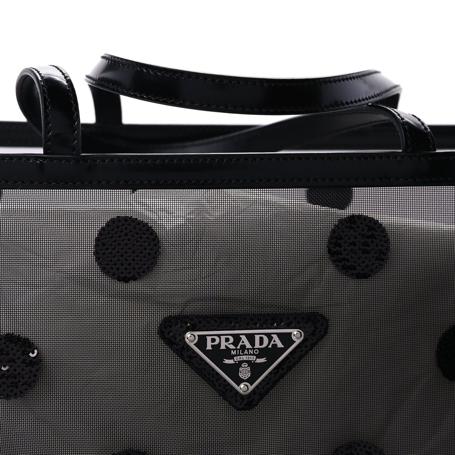 Prada Mesh Sequin Spazzolato Polka Dot Triangle Logo Tote Black