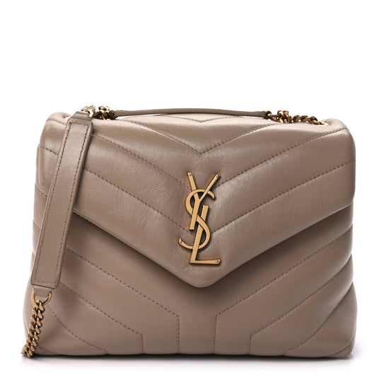 Saint Laurent Calfskin Y Quilted Monogram Small Loulou Chain Satchel Dark Beige