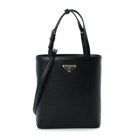 Prada Calfskin Metal Triangle Logo Tote  Black