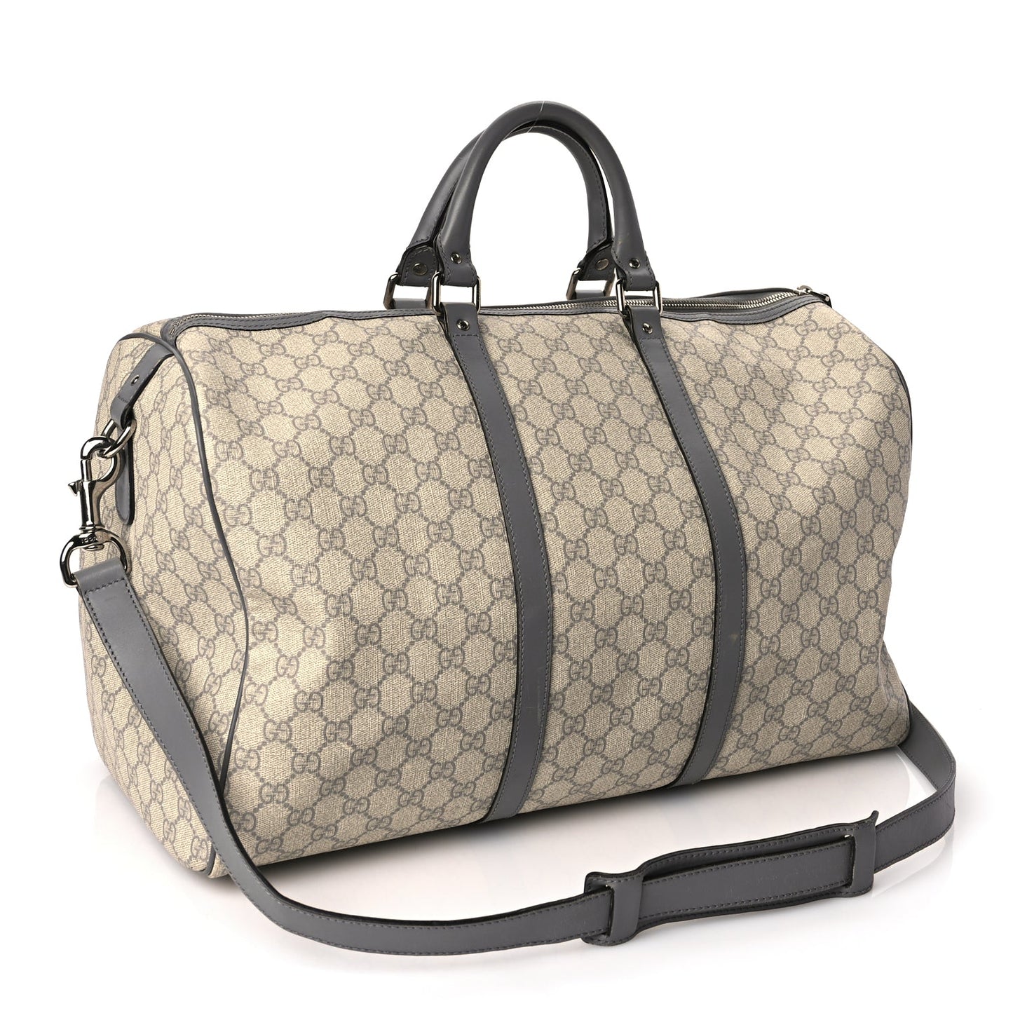 Gucci GG Supreme Monogram Selleria Calfskin Medium Carry On Duffle Bag Beige Grey