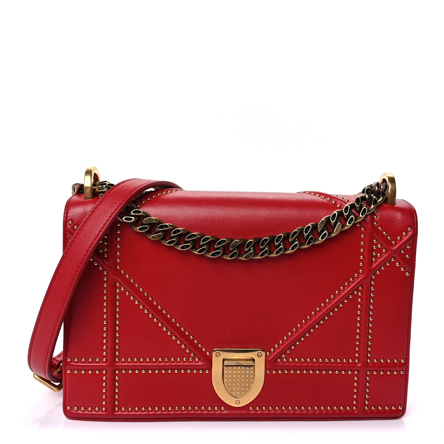 Christian Dior Calfskin Studded Medium Diorama Flap Bag Red Red