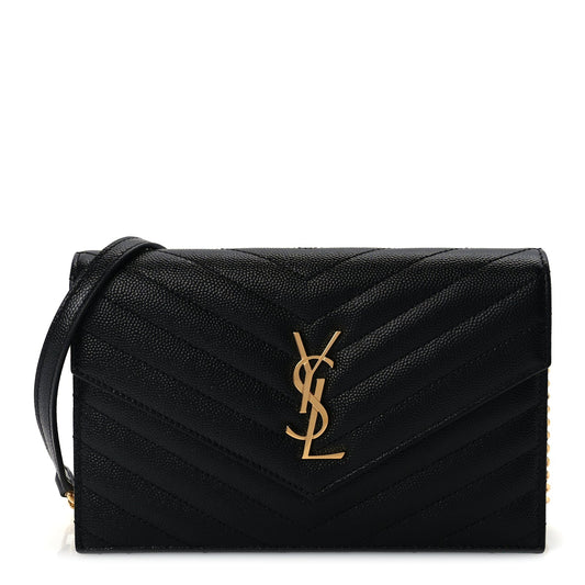 Saint Laurent Grain De Poudre Matelasse Chevron Monogram Envelope Chain Wallet Black