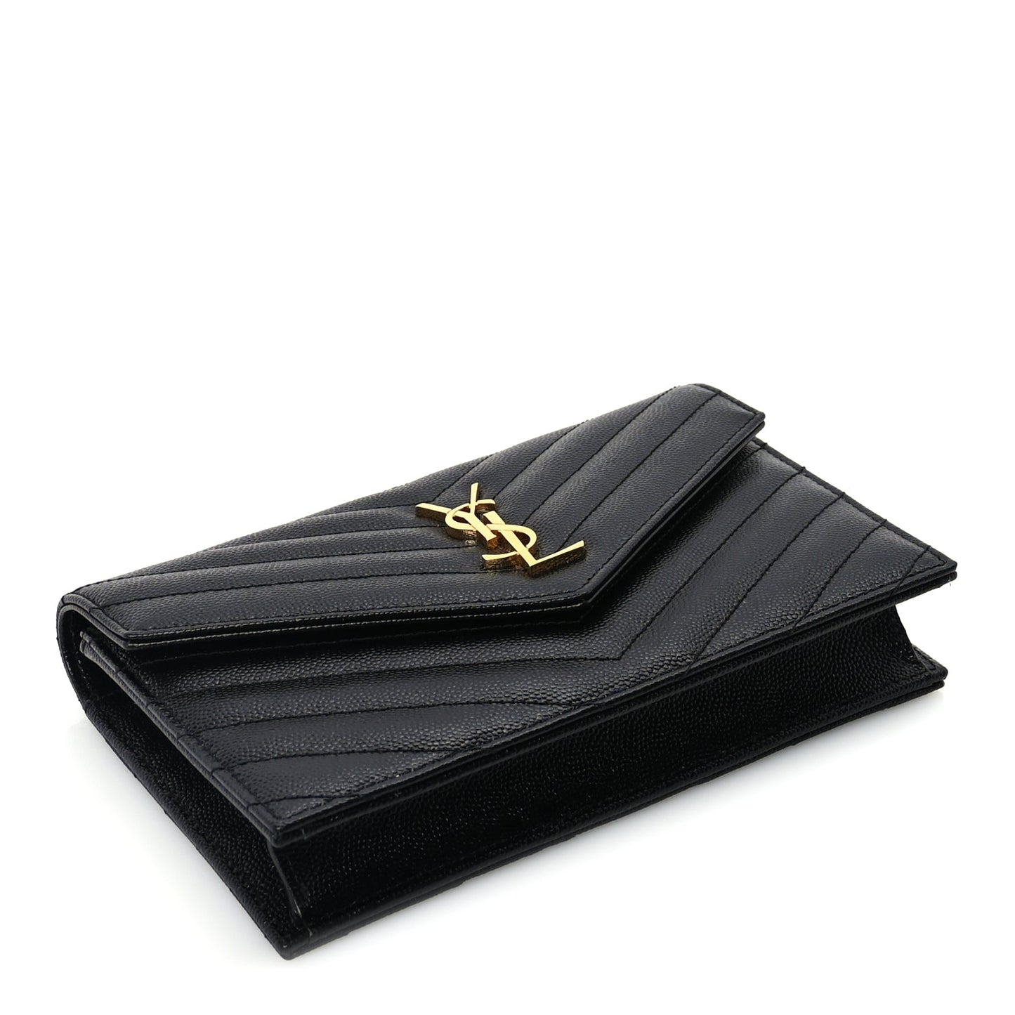Saint Laurent Grain De Poudre Matelasse Chevron Monogram Envelope Chain Wallet Black