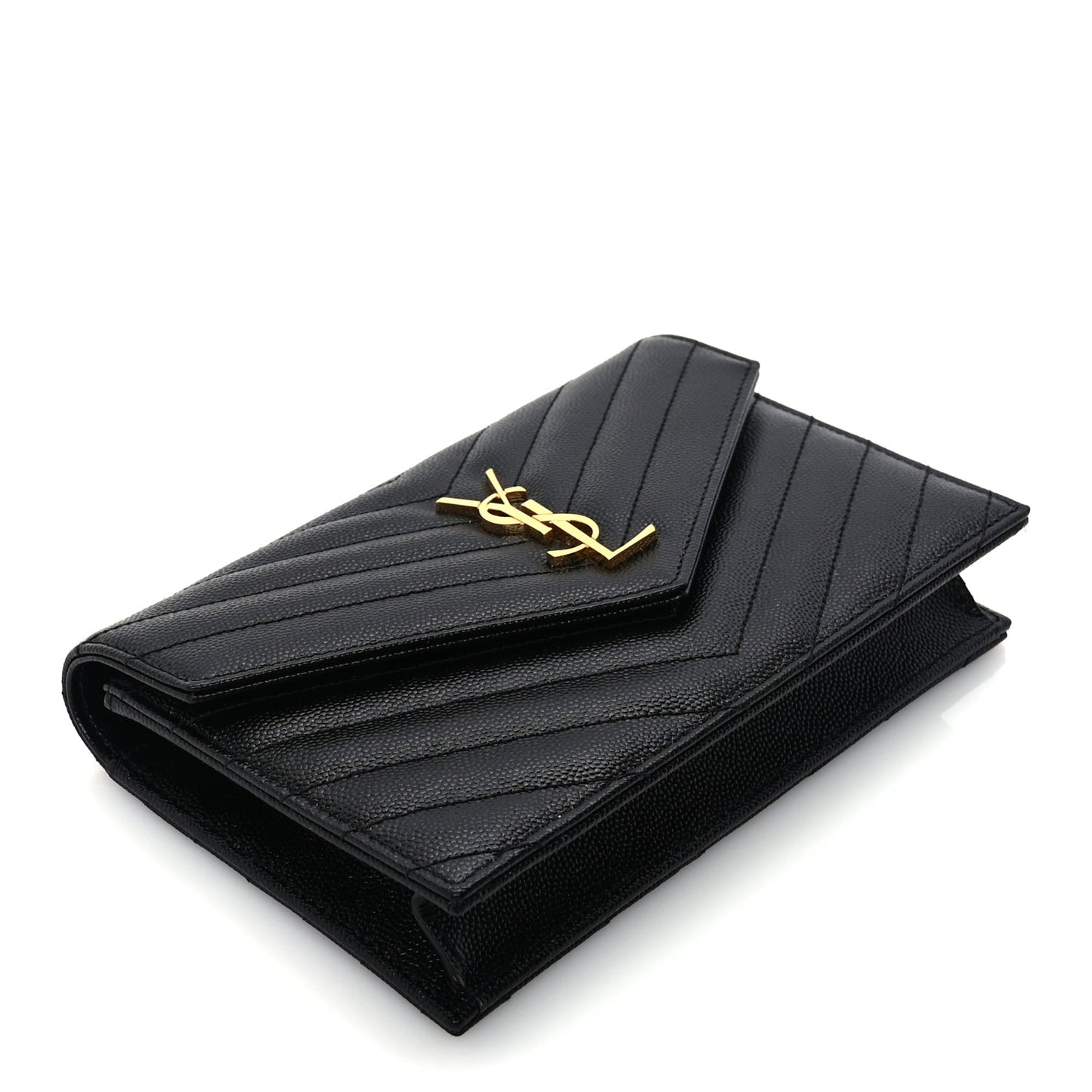 Saint Laurent Grain De Poudre Matelasse Chevron Monogram Envelope Chain Wallet Black