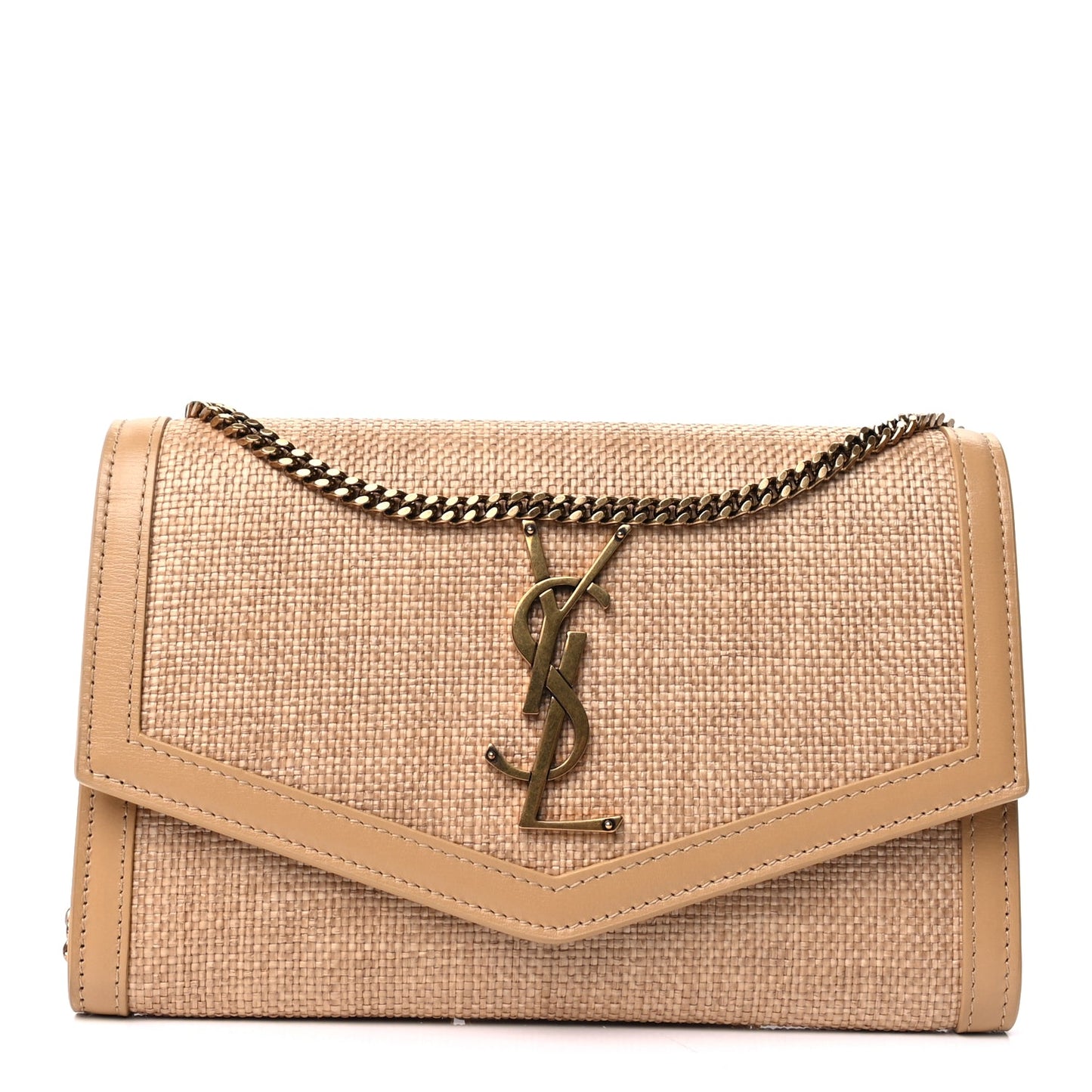 Saint Laurent Micro Raffia Monogram Uptown Chain Wallet Natural Hay Blush