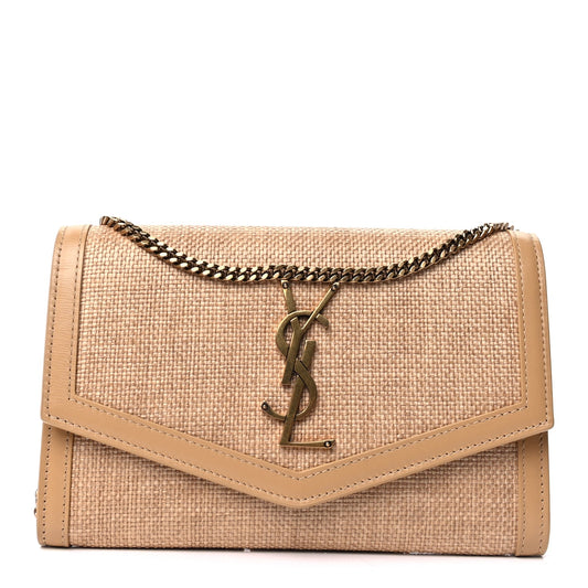 Saint Laurent Micro Raffia Monogram Uptown Chain Wallet Natural Hay Blush