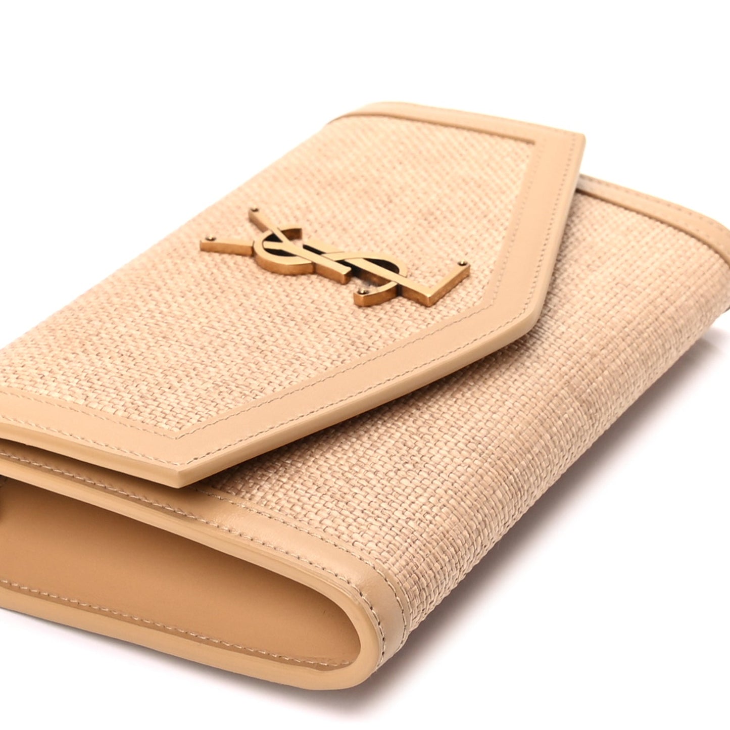 Saint Laurent Micro Raffia Monogram Uptown Chain Wallet Natural Hay Blush