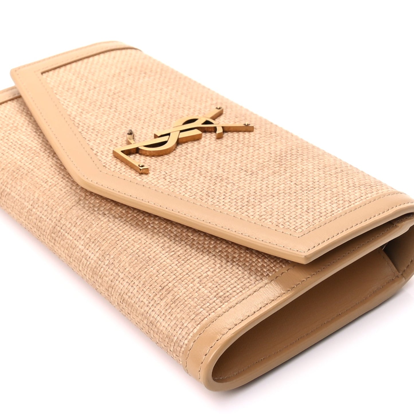 Saint Laurent Micro Raffia Monogram Uptown Chain Wallet Natural Hay Blush