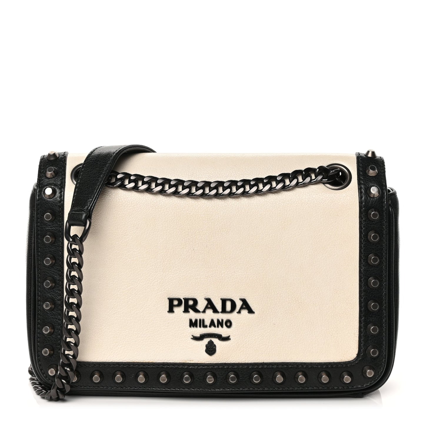 Prada Glace Calfskin Studded Crossbody Black White