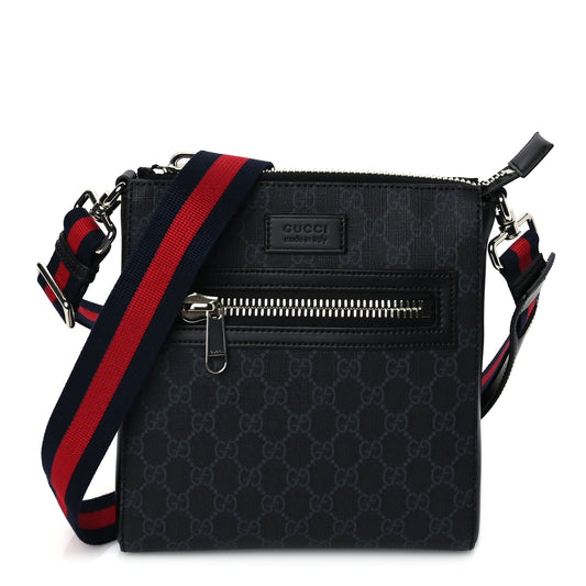 Gucci GG Supreme Monogram Web Small Flat Messenger Bag Black Grey