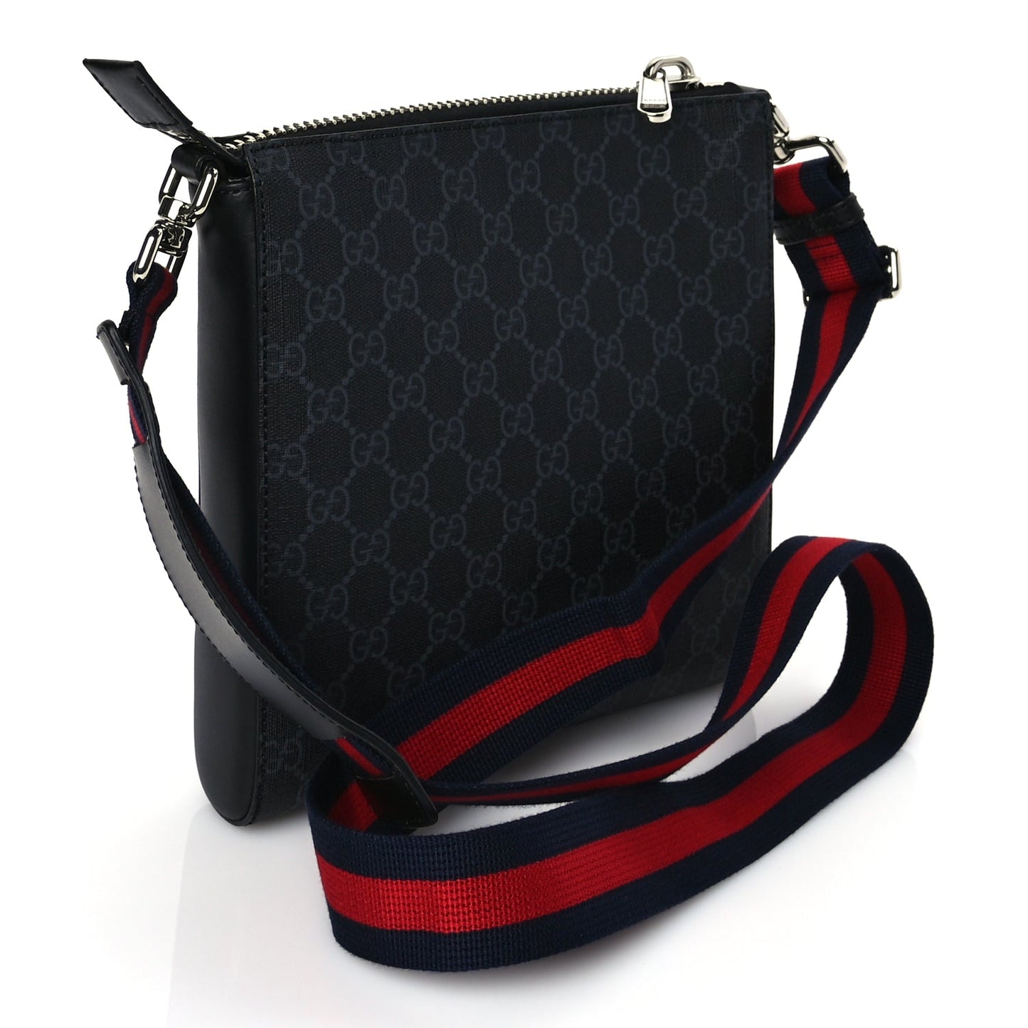 Gucci GG Supreme Monogram Web Small Flat Messenger Bag Black Grey