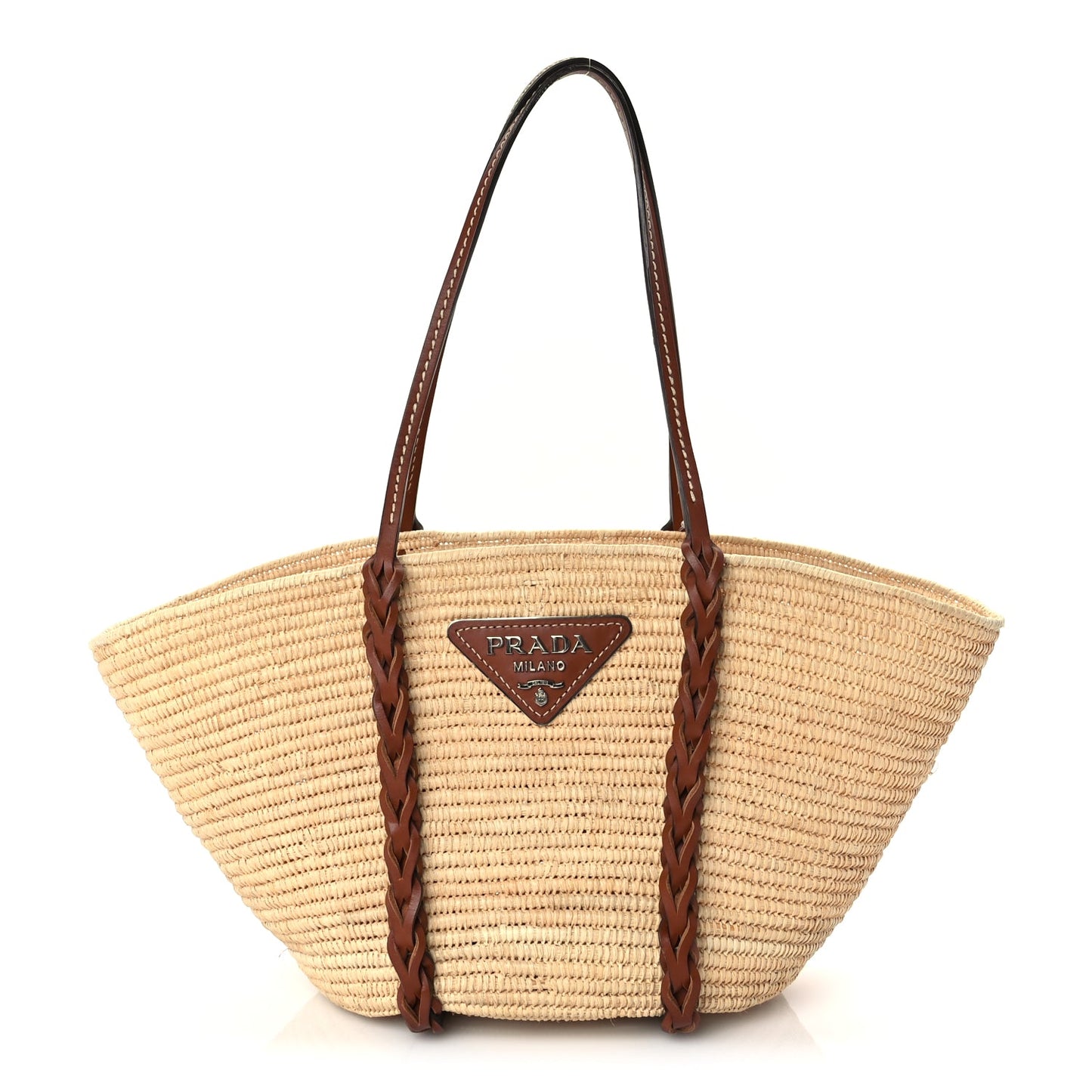Prada Paglia Vitello Woven Braided Basket Tote  Naturale Cognac