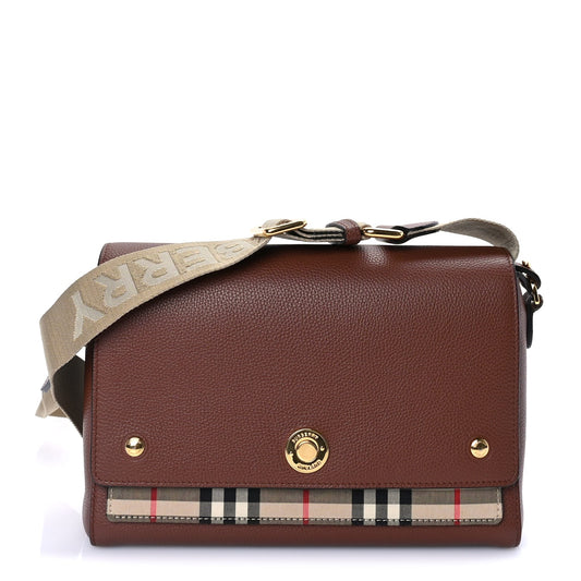 Burberry Calfskin Vintage Check Note Crossbody Bag Tan