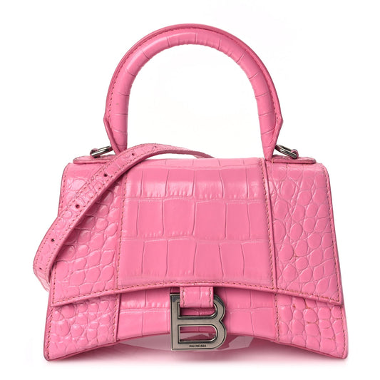 Balenciaga Shiny Calfskin Crocodile Embossed Hourglass Top Handle Bag XS Baby Pink