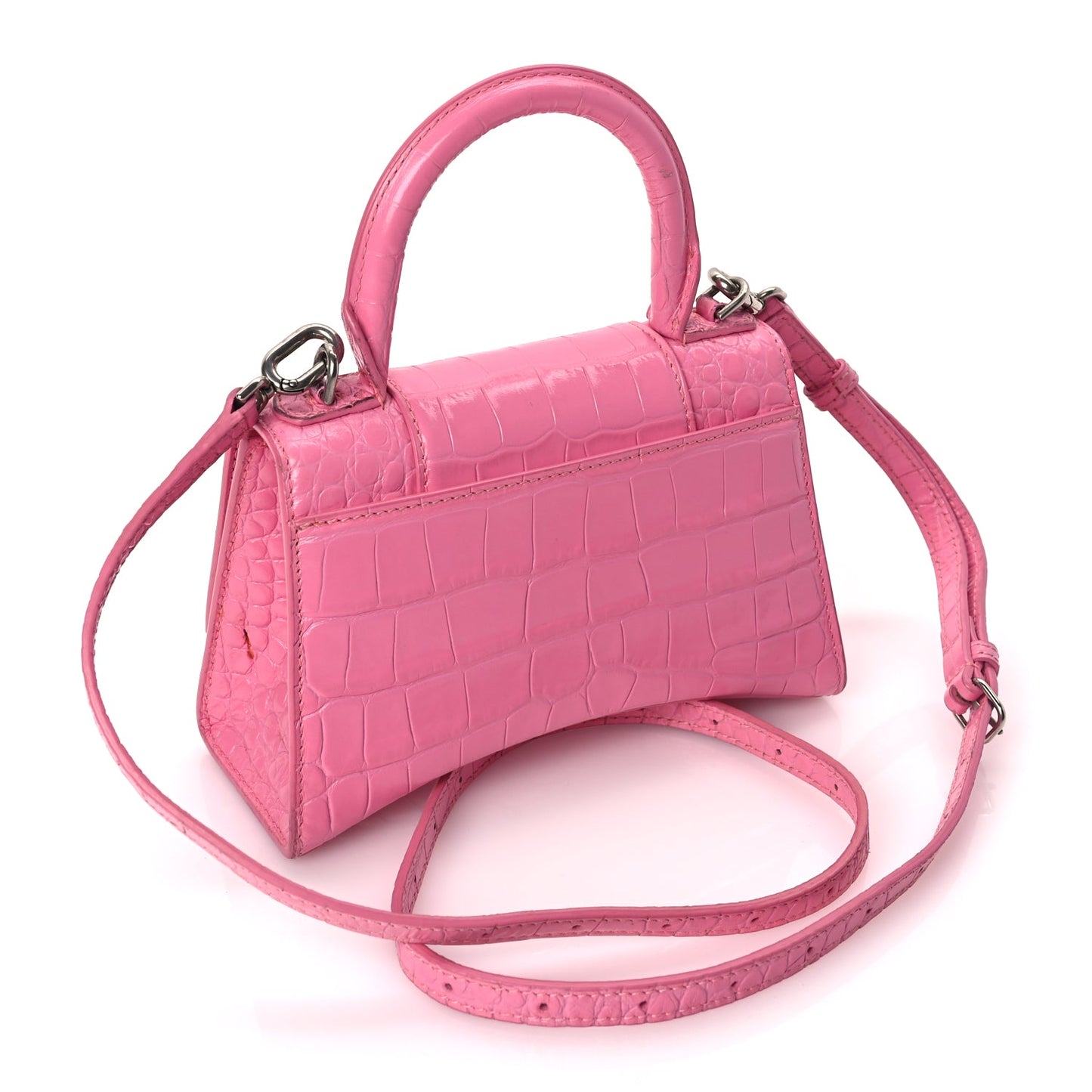 Balenciaga Shiny Calfskin Crocodile Embossed Hourglass Top Handle Bag XS Baby Pink