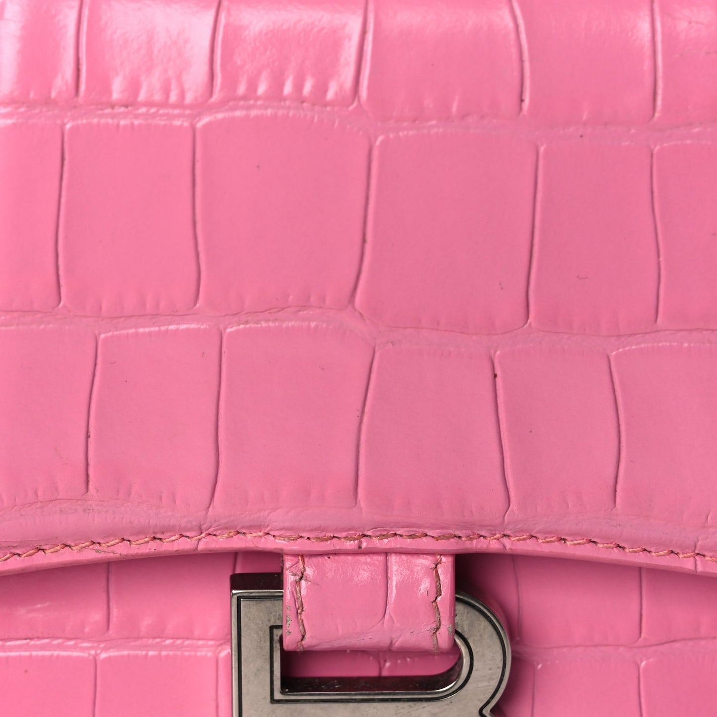 Balenciaga Shiny Calfskin Crocodile Embossed Hourglass Top Handle Bag XS Baby Pink