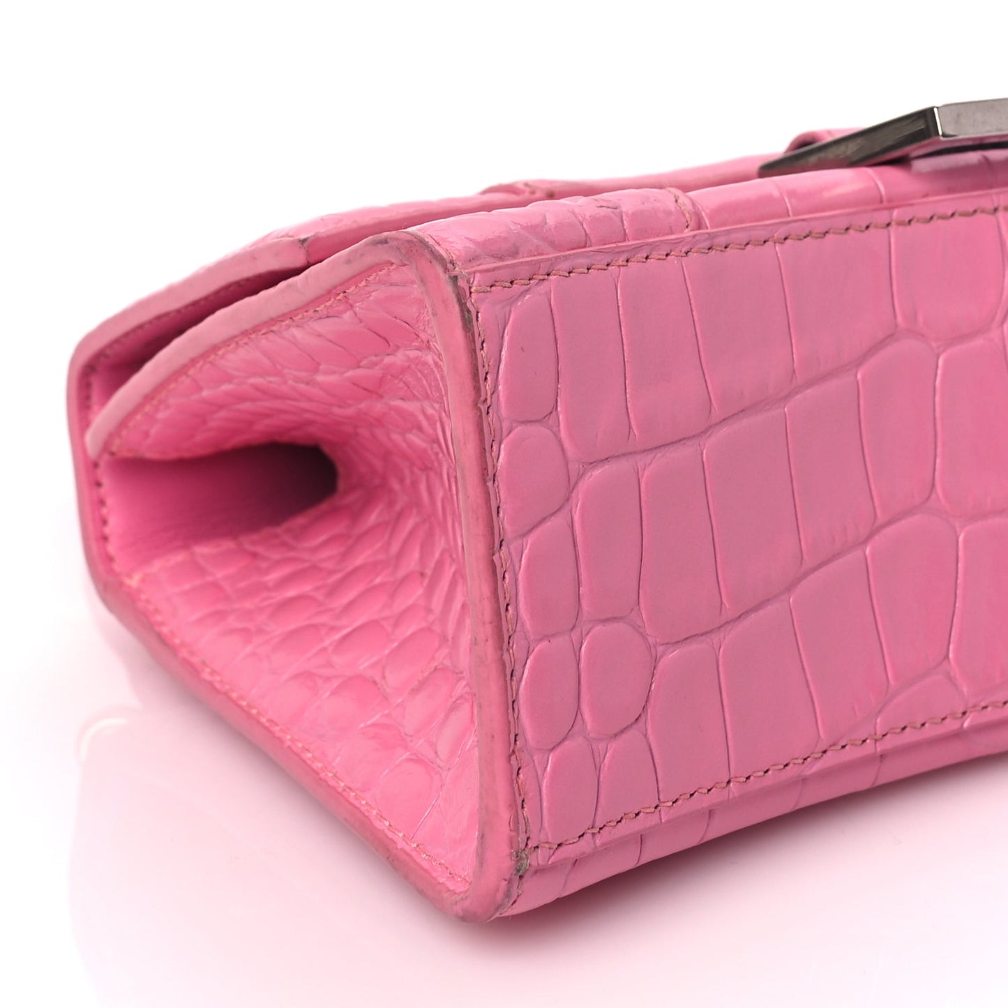 Balenciaga Shiny Calfskin Crocodile Embossed Hourglass Top Handle Bag XS Baby Pink