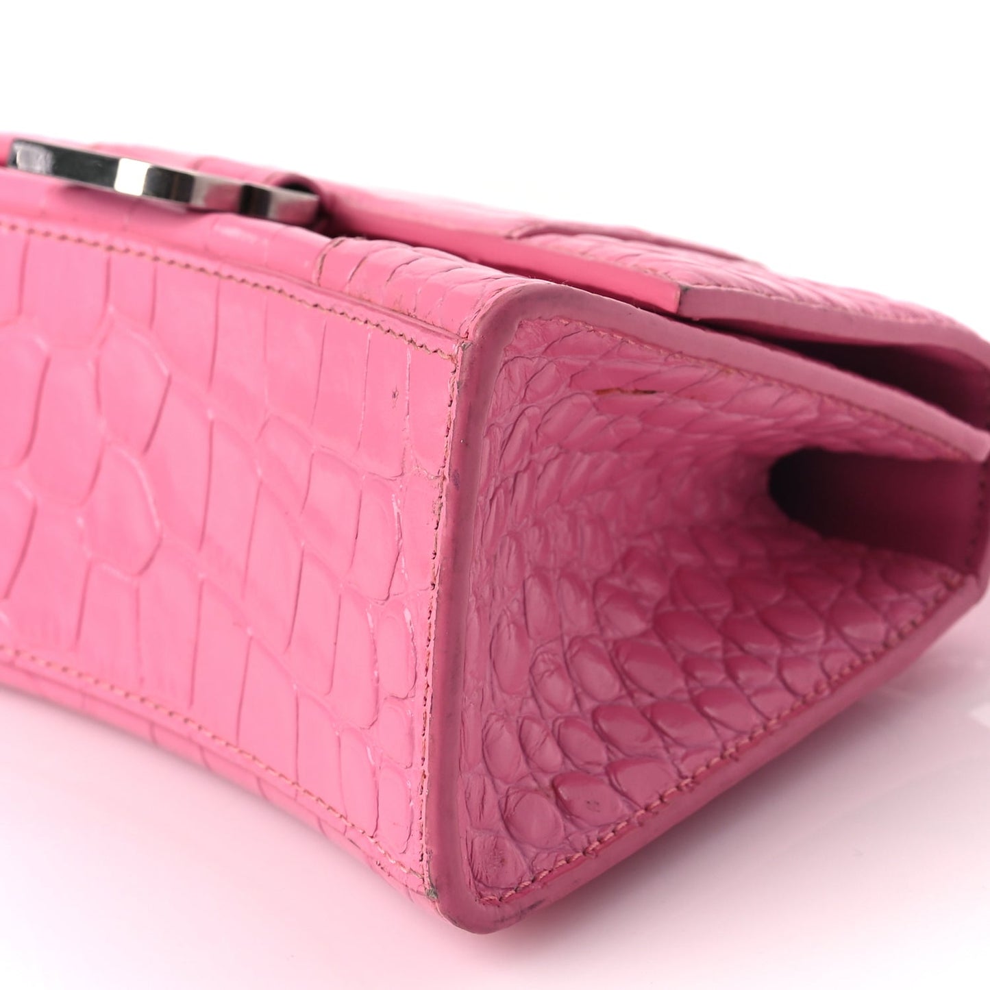 Balenciaga Shiny Calfskin Crocodile Embossed Hourglass Top Handle Bag XS Baby Pink