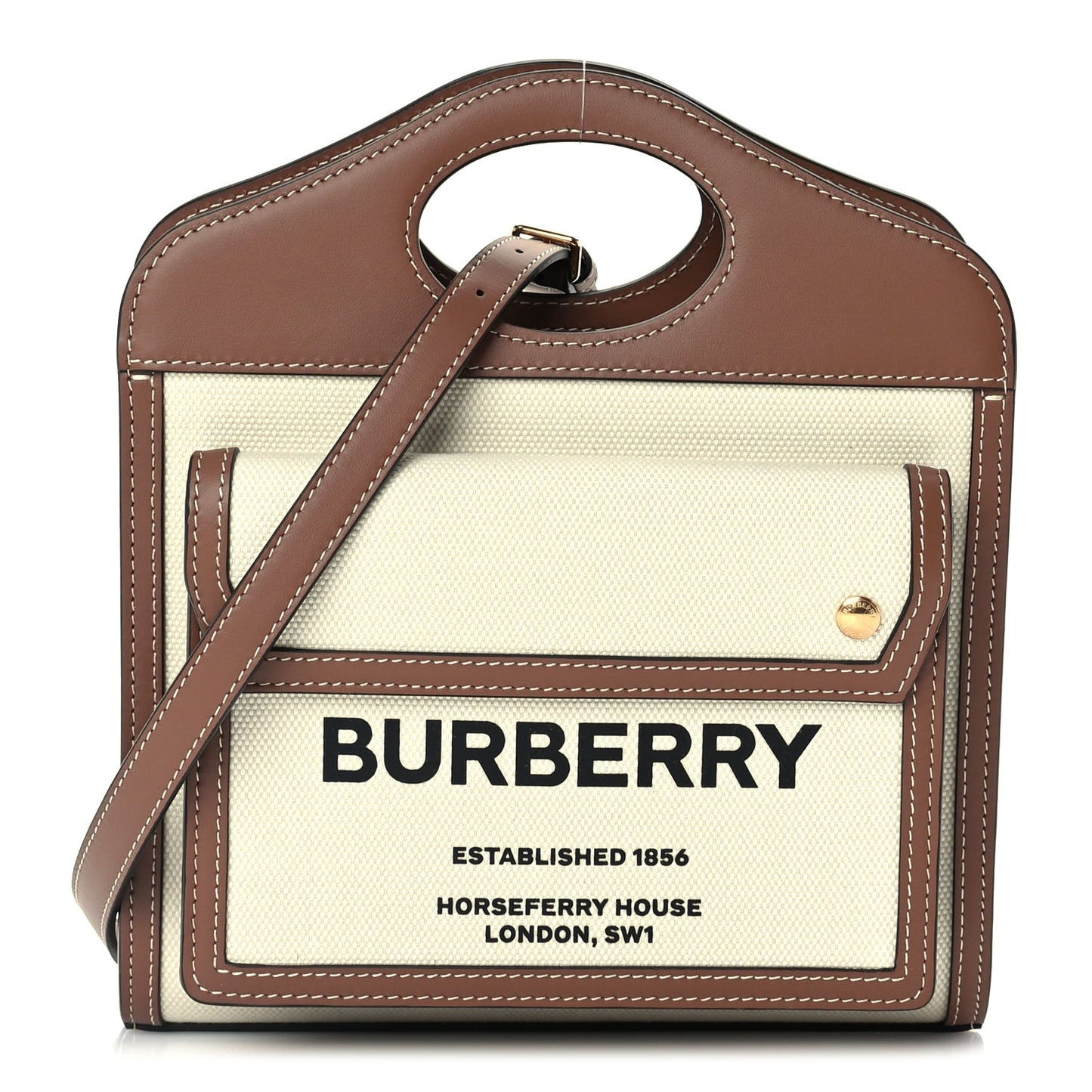 Burberry Canvas Smooth Calfskin Two Tone Mini Pocket Bag Natural Malt Brown