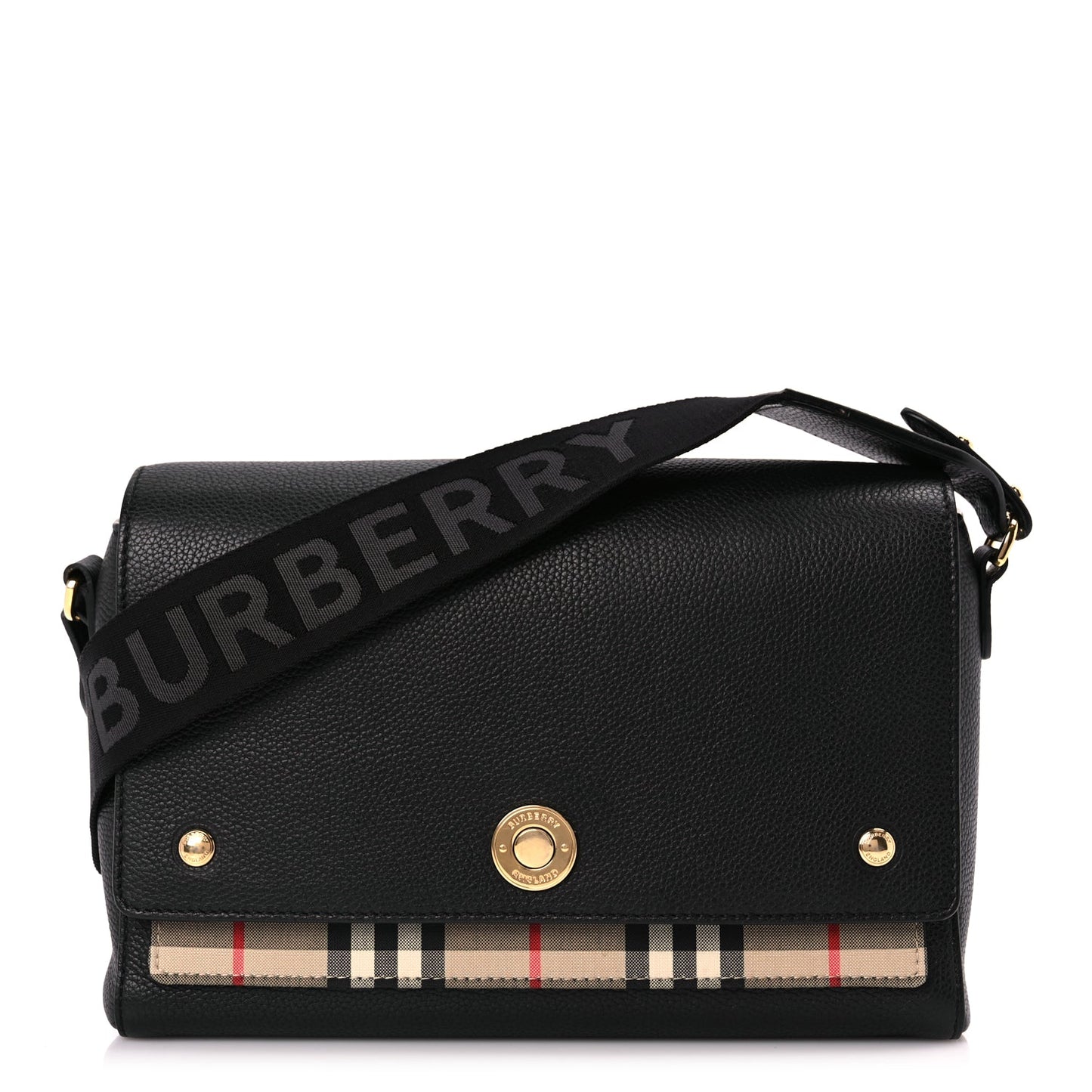 Burberry Coated Canvas Calfskin Vintage Check Medium Note Crossbody Bag Black