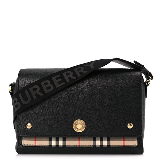 Burberry Coated Canvas Calfskin Vintage Check Medium Note Crossbody Bag Black