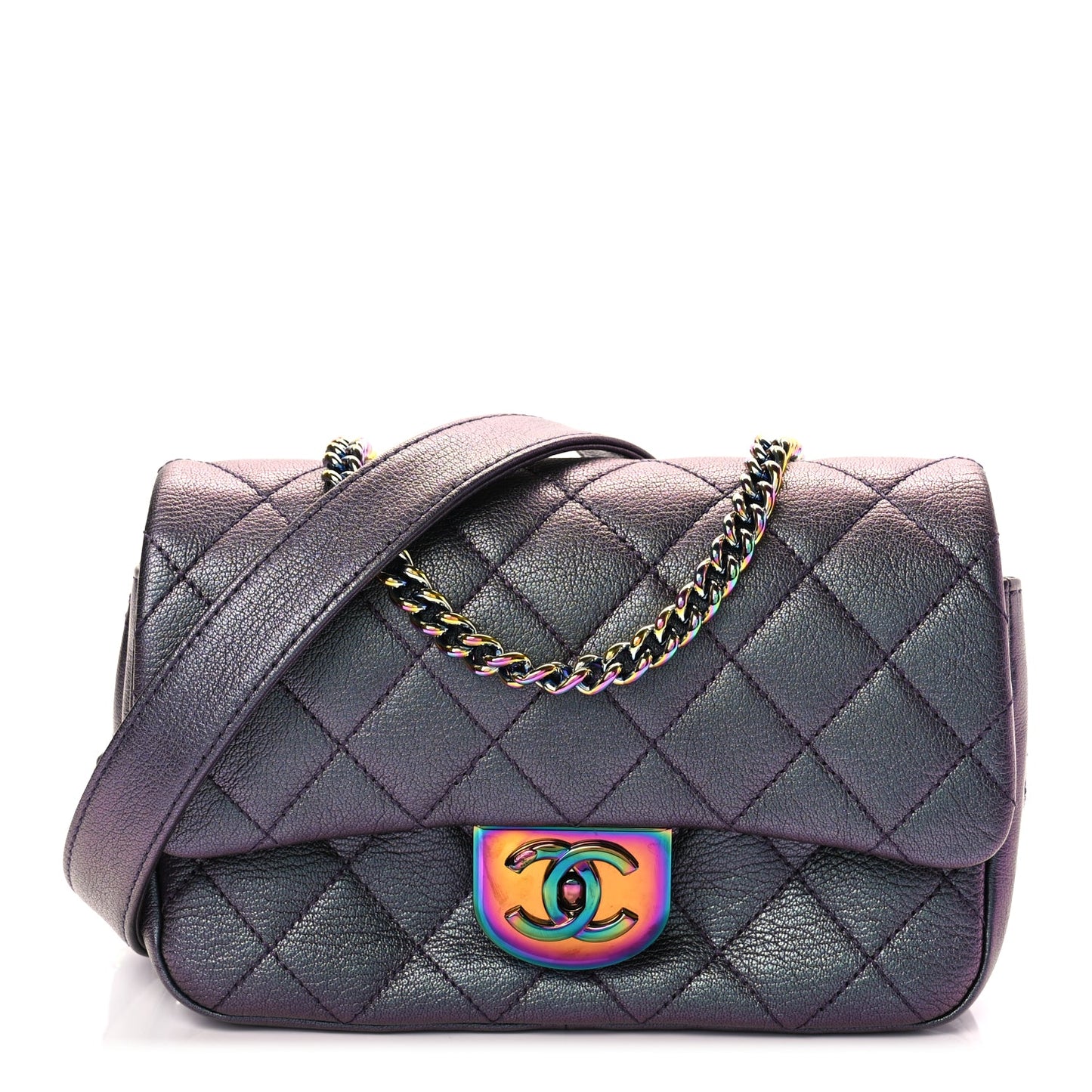 Chanel Iridescent Goatskin Quilted Small Double Carry Waist Chain Flap Purple
