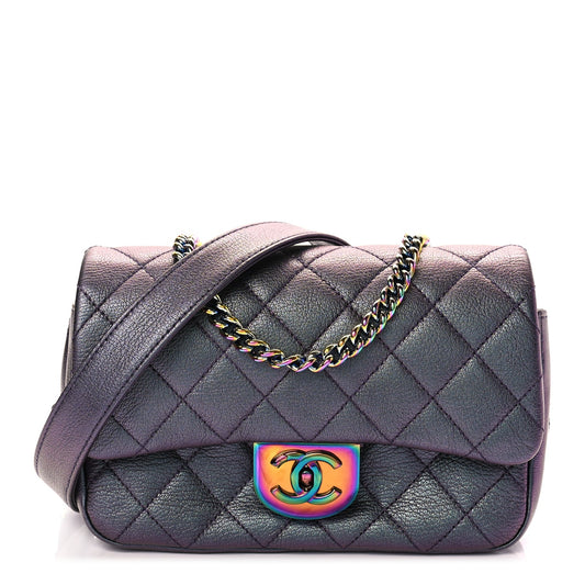 Chanel Iridescent Goatskin Quilted Small Double Carry Waist Chain Flap Purple