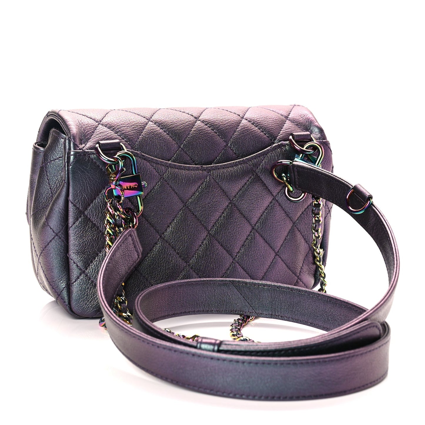Chanel Iridescent Goatskin Quilted Small Double Carry Waist Chain Flap Purple