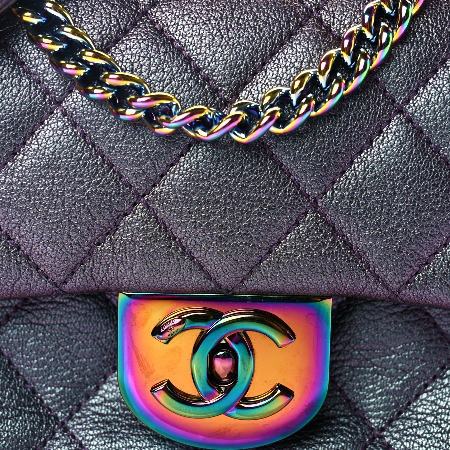 Chanel Iridescent Goatskin Quilted Small Double Carry Waist Chain Flap Purple