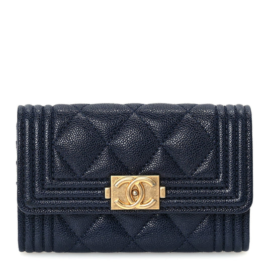 Chanel Caviar Quilted Boy Flap Card Holder Navy