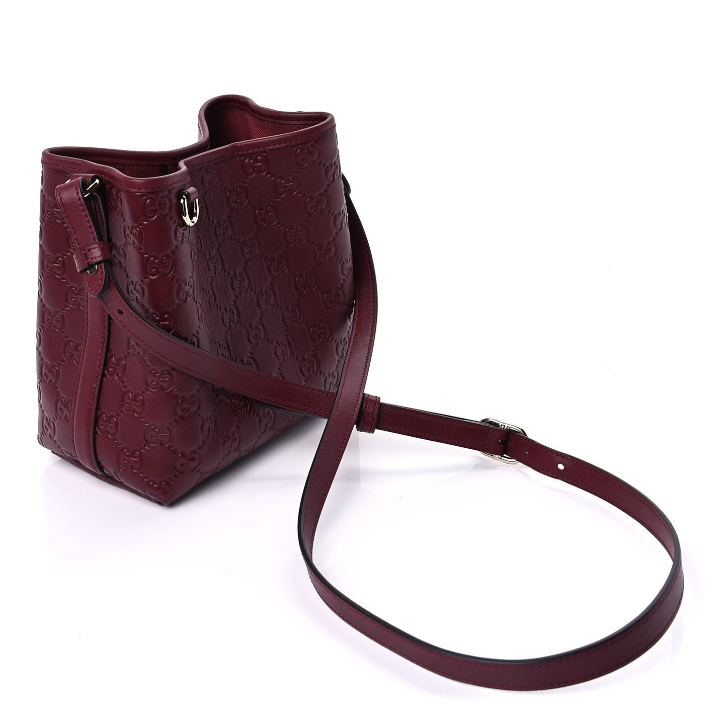 Gucci GG Calfskin Embossed Emblem Small Bucket Bag Rosso Ancora Red