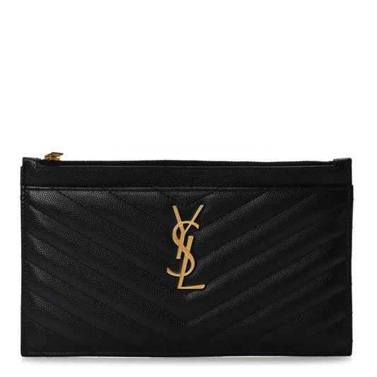 Saint Laurent Grain De Poudre Chevron Monogram Bill Pouch  Black
