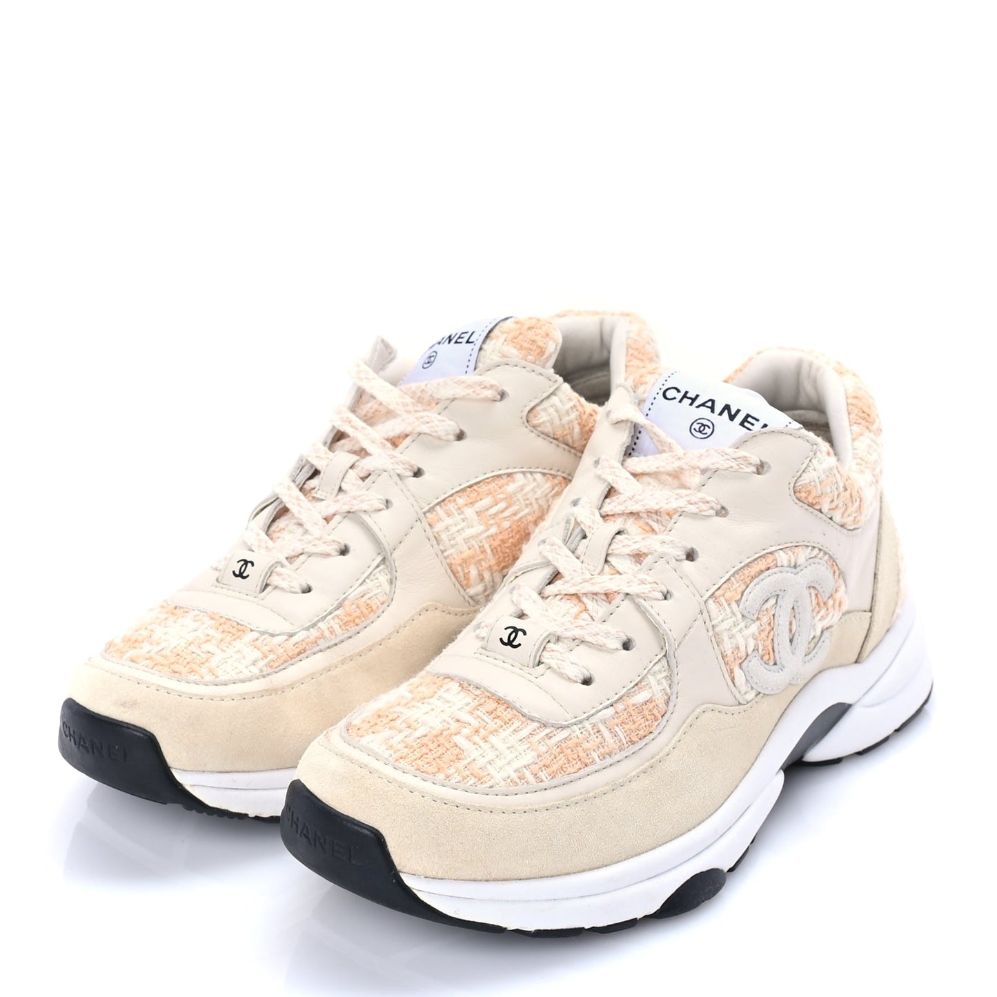 Chanel Tweed Suede Calfskin Womens CC Sneakers 39 Orange