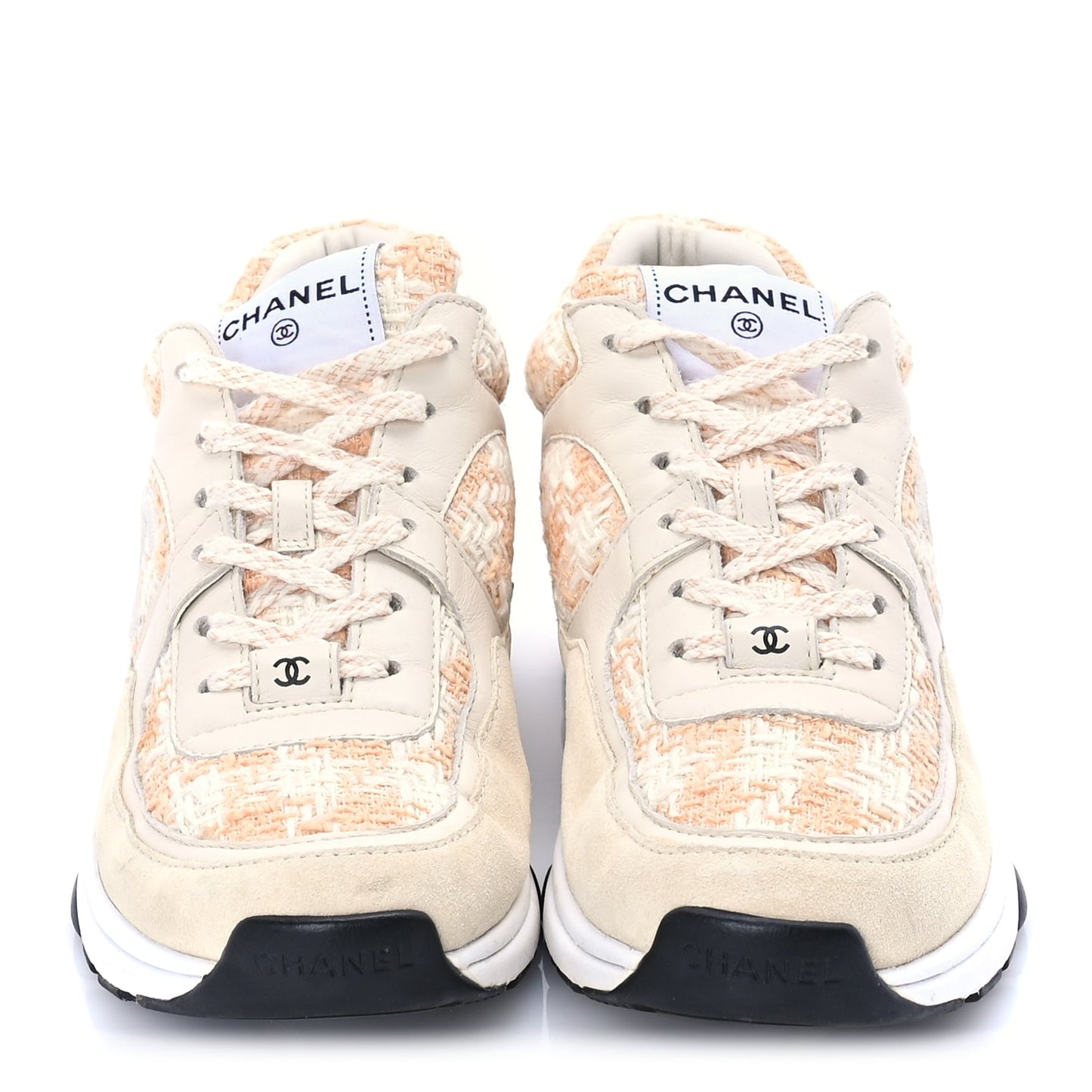 Chanel Tweed Suede Calfskin Womens CC Sneakers 39 Orange