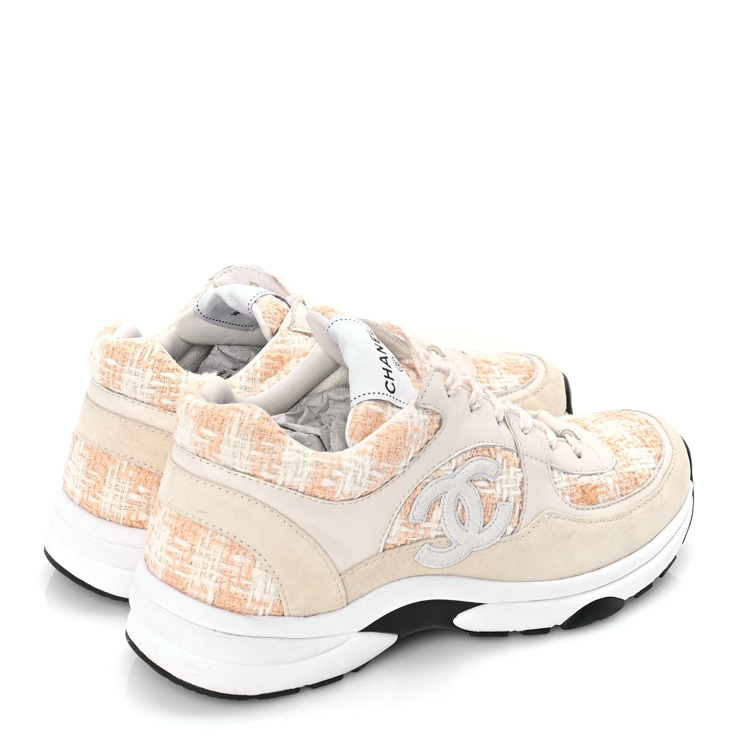 Chanel Tweed Suede Calfskin Womens CC Sneakers 39 Orange
