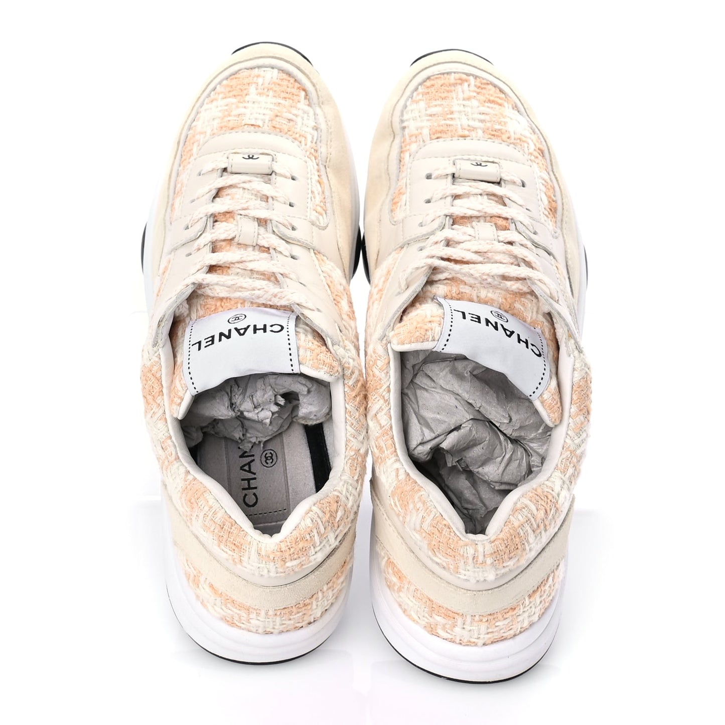 Chanel Tweed Suede Calfskin Womens CC Sneakers 39 Orange