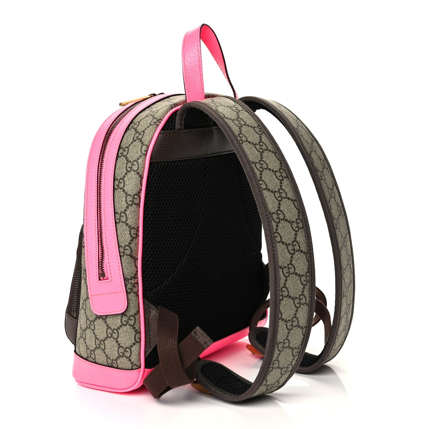 Gucci GG Supreme Monogram Textured Dollar Calfskin Web Small Ophidia Day Backpack Beige Ebony Fluorescent Fuchsia