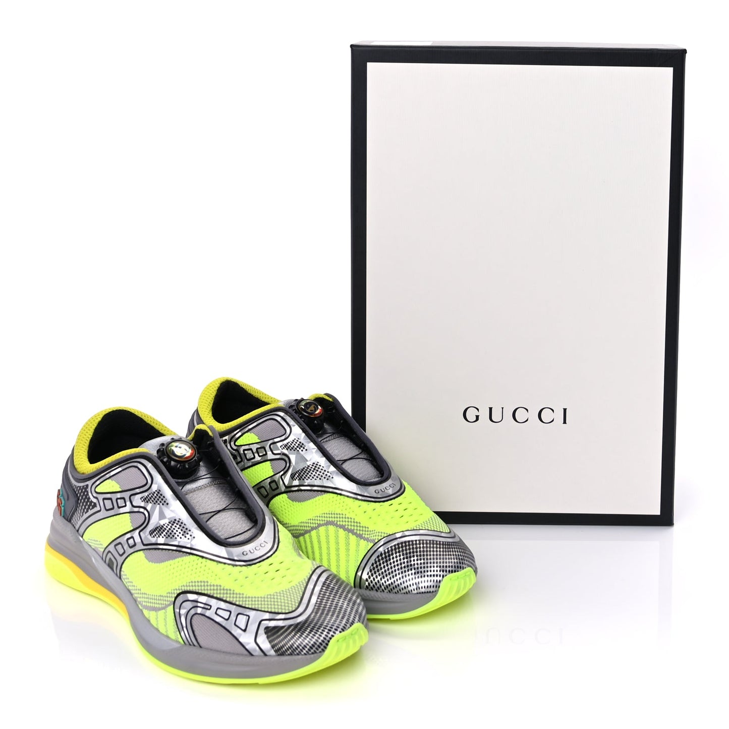 Gucci Fabric Mens Ultrapace R Mid Top Sneakers 7.5 Grey Neon Yellow Silver Loess