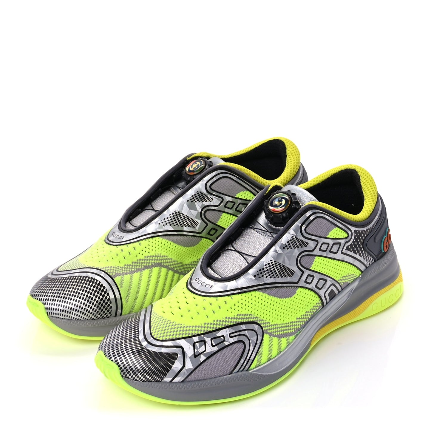 Gucci Fabric Mens Ultrapace R Mid Top Sneakers 7.5 Grey Neon Yellow Silver Loess