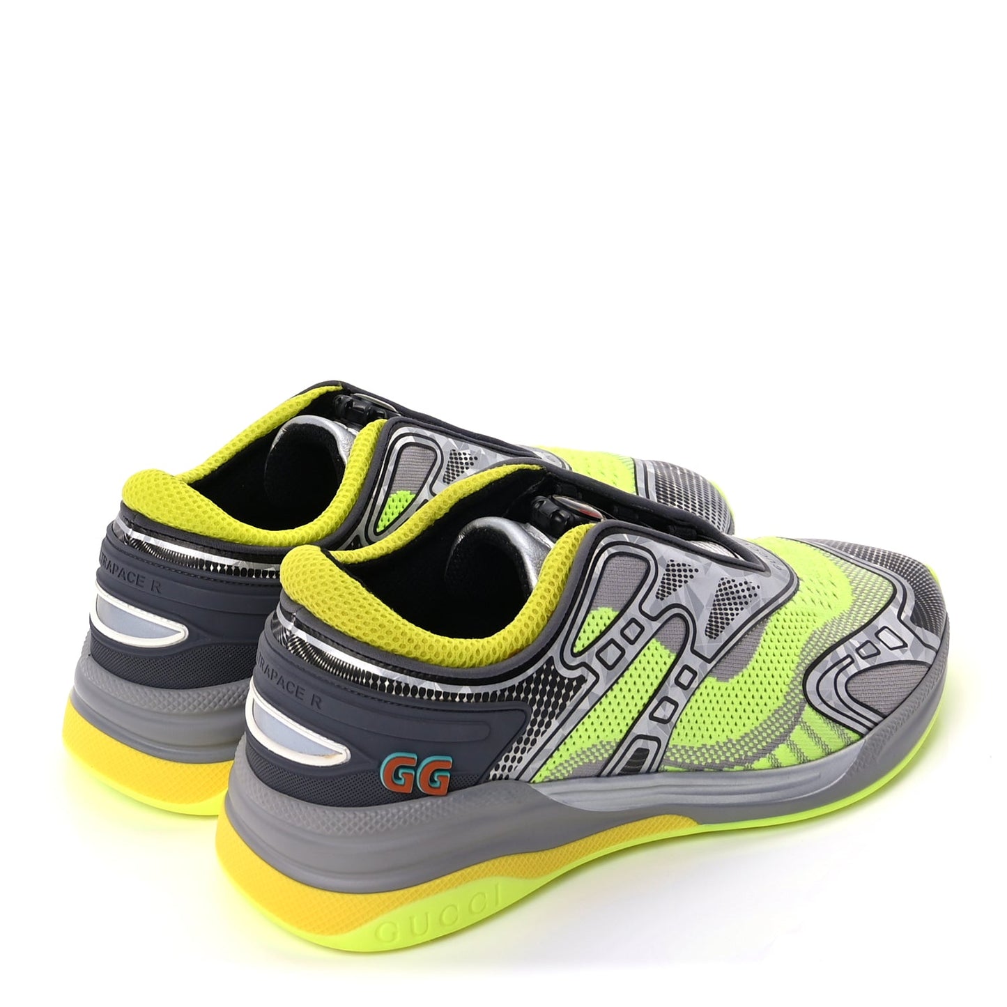 Gucci Fabric Mens Ultrapace R Mid Top Sneakers 7.5 Grey Neon Yellow Silver Loess
