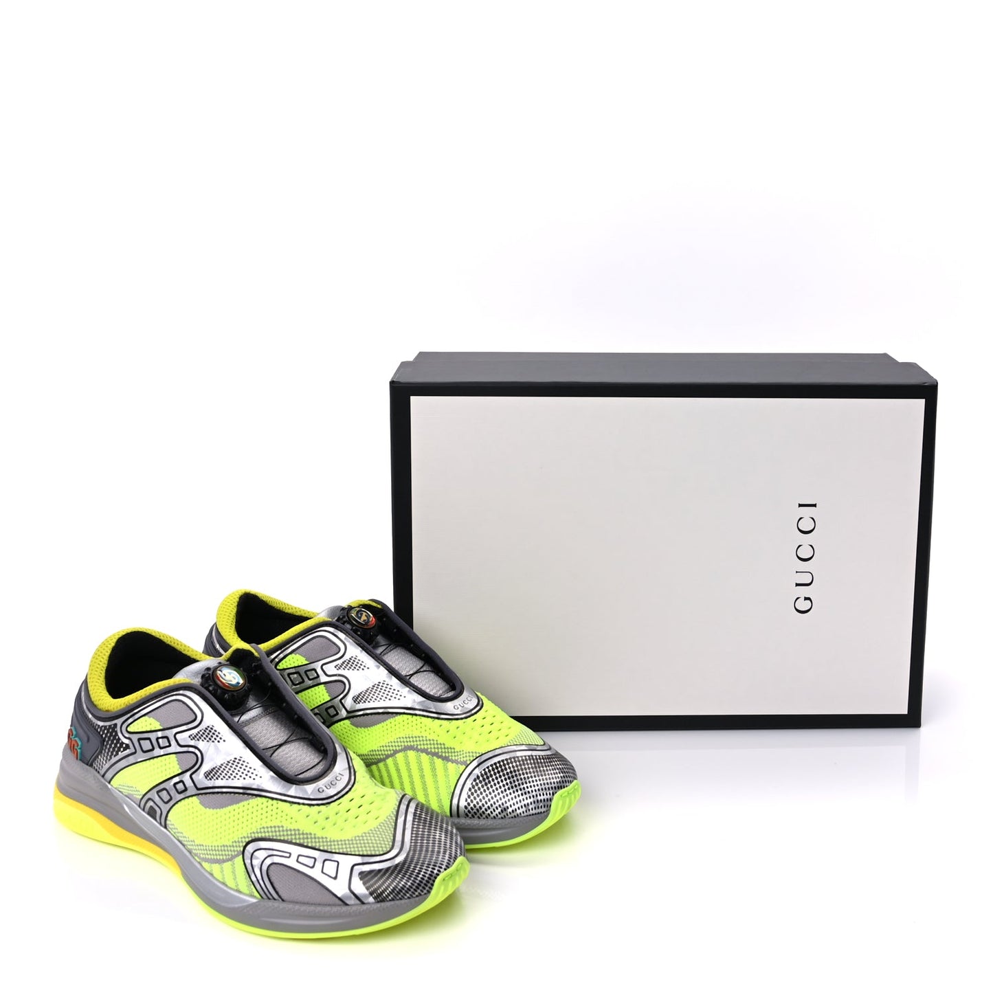 Gucci Fabric Mens Ultrapace R Mid Top Sneakers 7.5 Grey Neon Yellow Silver Loess