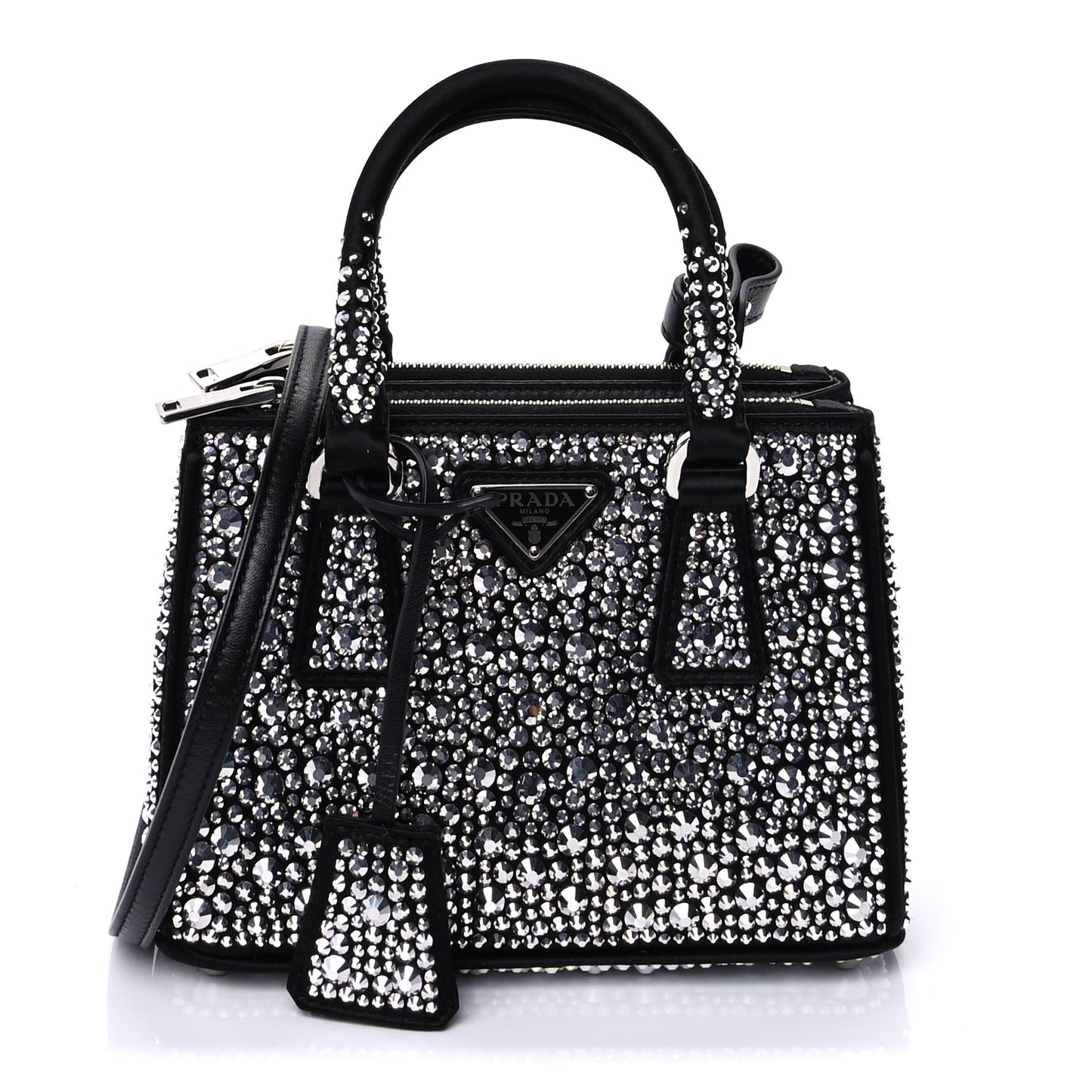 Prada Satin Crystal Mini Galleria Double Zip Tote Metal Black