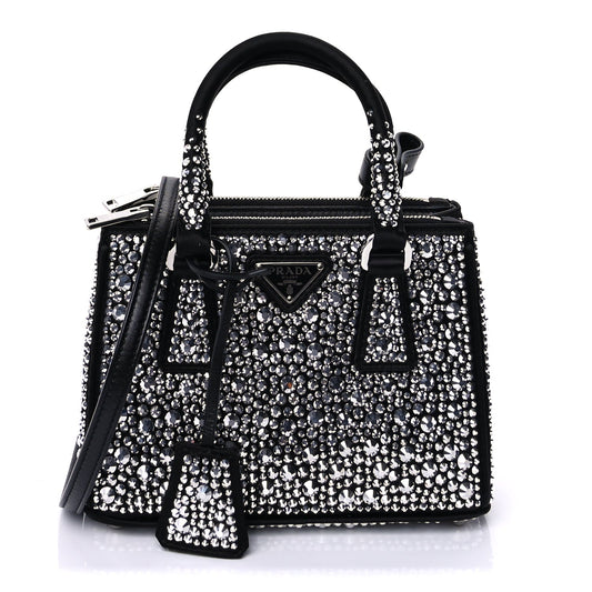Prada Satin Crystal Mini Galleria Double Zip Tote Metal Black