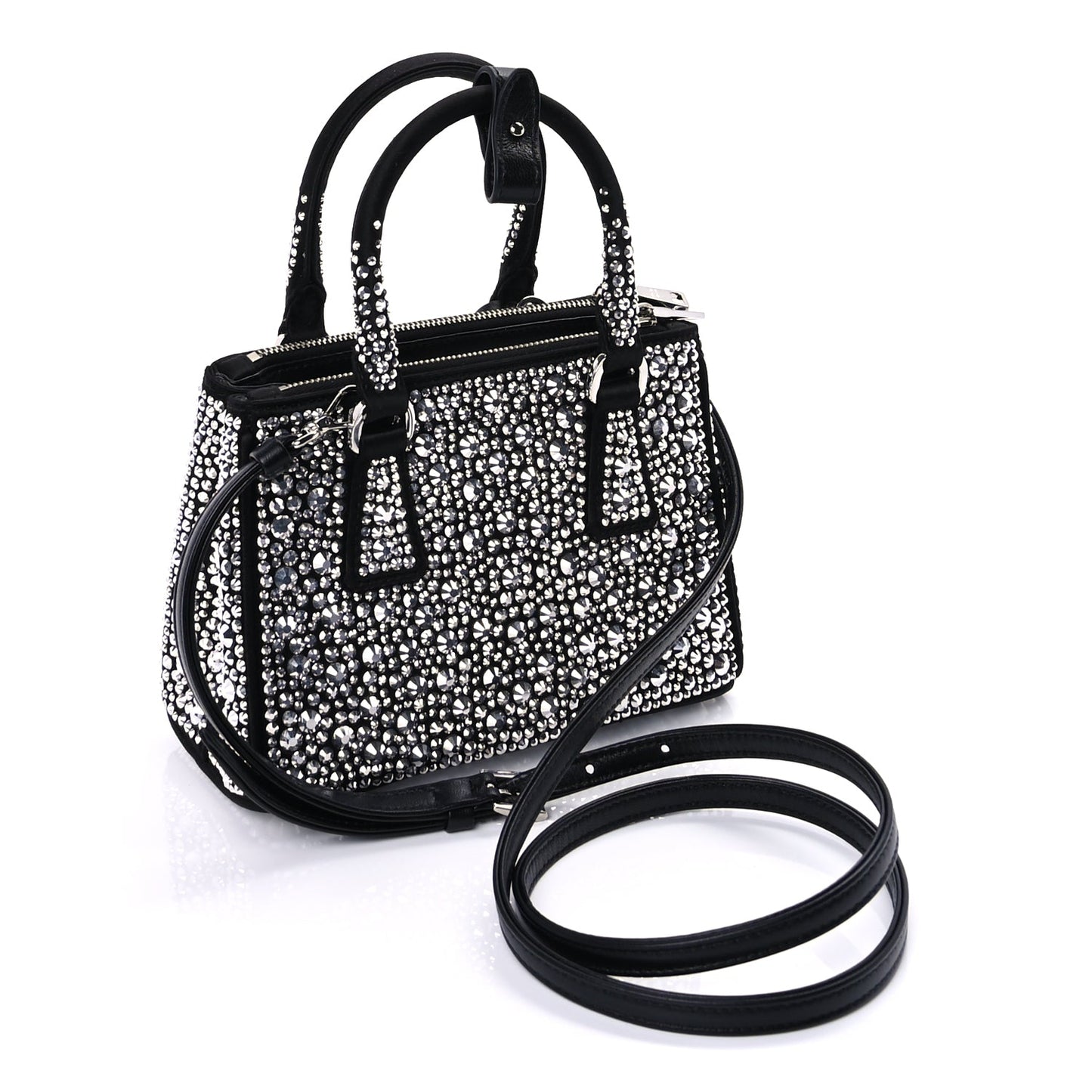 Prada Satin Crystal Mini Galleria Double Zip Tote Metal Black