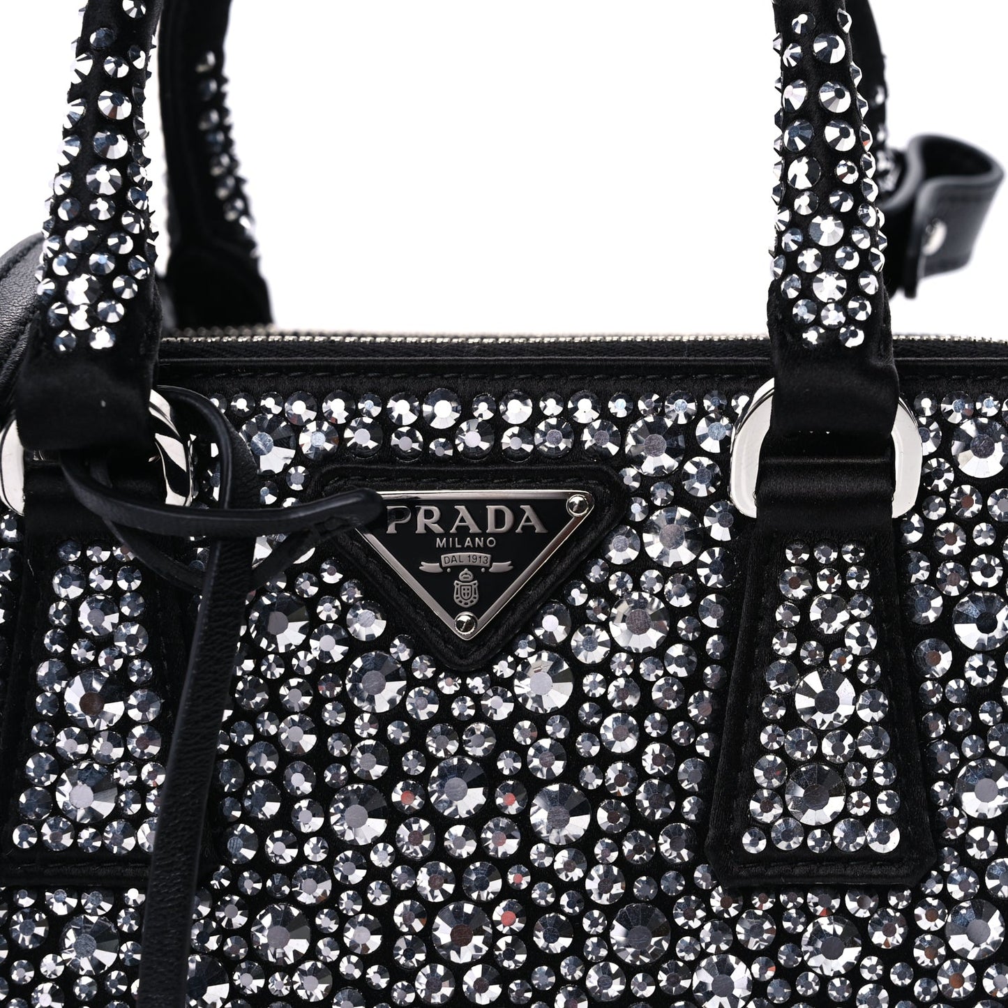 Prada Satin Crystal Mini Galleria Double Zip Tote Metal Black