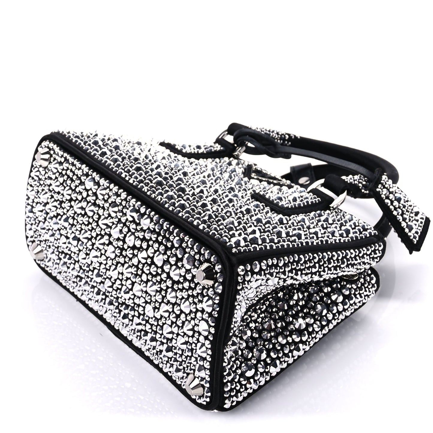Prada Satin Crystal Mini Galleria Double Zip Tote Metal Black