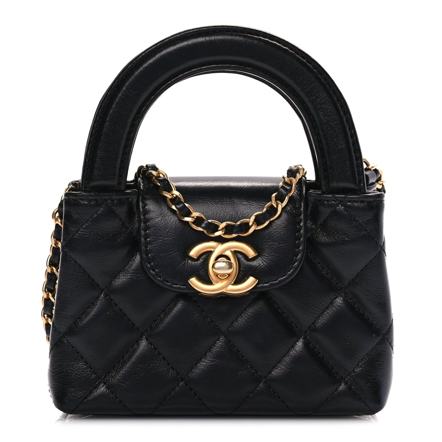 Chanel Shiny Aged Calfskin Quilted Mini Nano Kelly Shopper Black