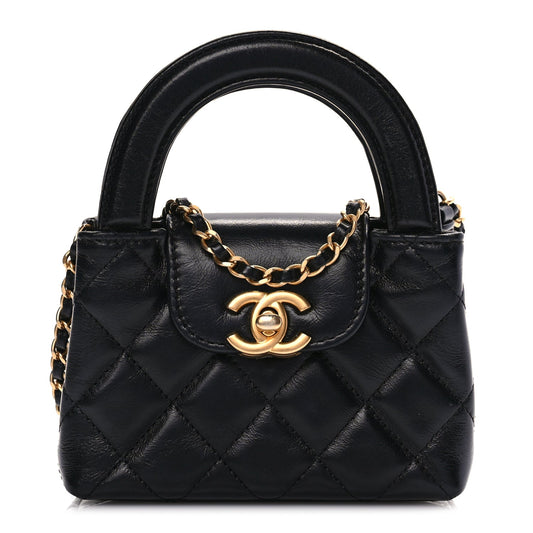 Chanel Shiny Aged Calfskin Quilted Mini Nano Kelly Shopper Black