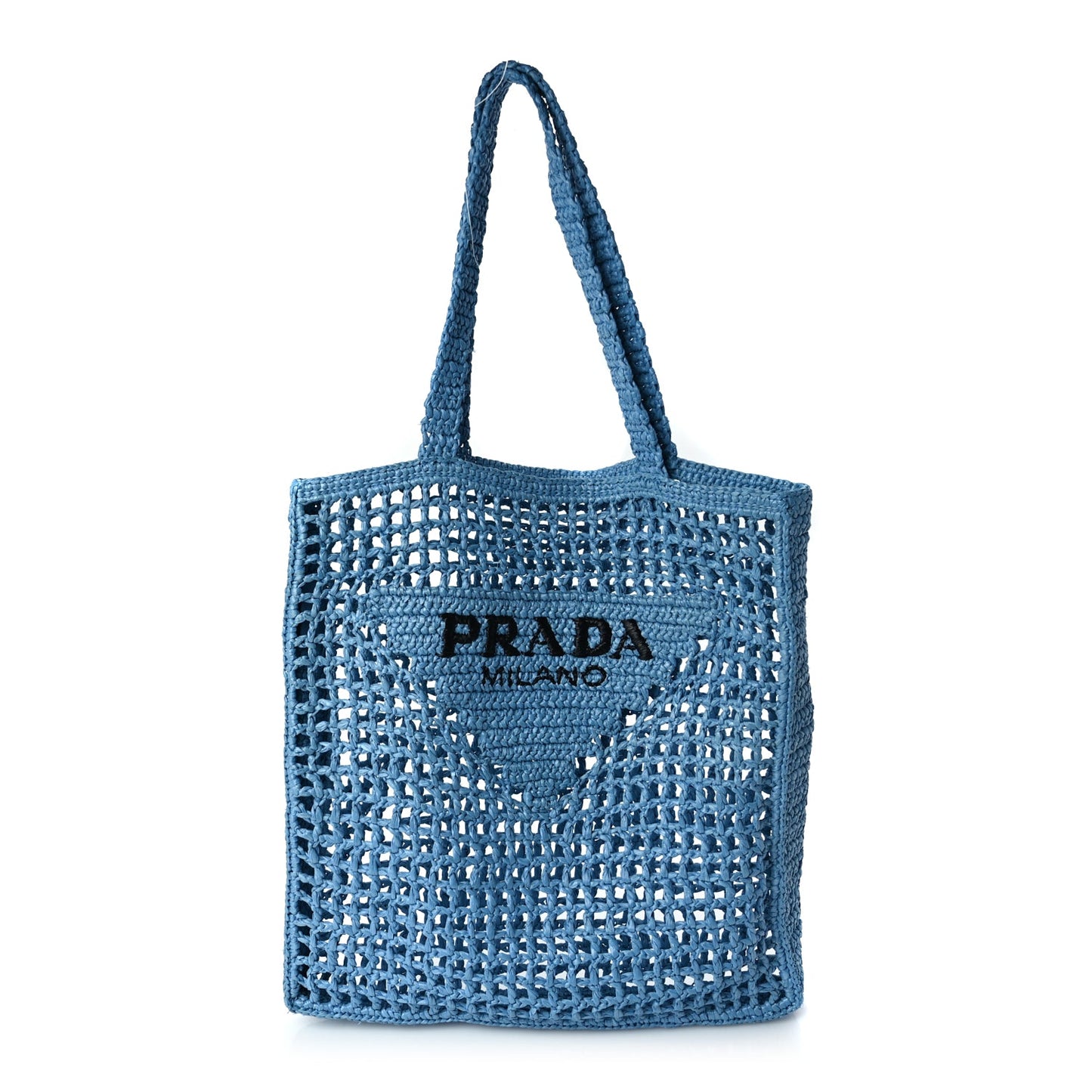 Prada Yarn Raffia Effect Crochet Logo Embroidered Tote Bag Celeste