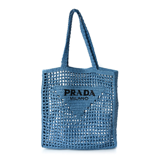 Prada Yarn Raffia Effect Crochet Logo Embroidered Tote Bag Celeste